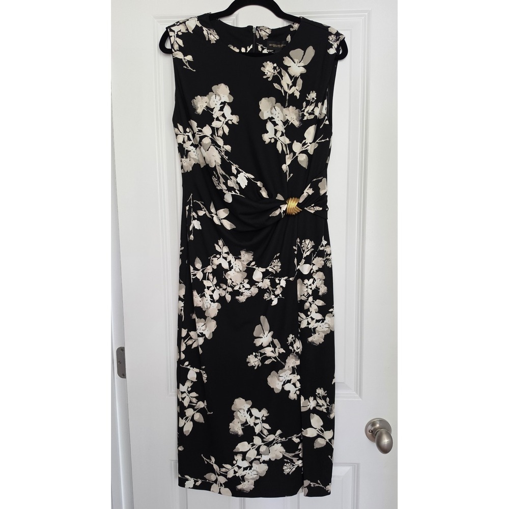 Donna Karan NWT Floral Ruched Gold Detail Sheath Dress Black